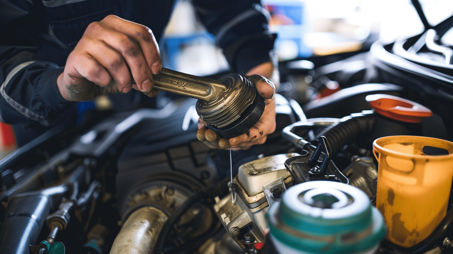 A mechanic showing how to chain oil in a car engine.