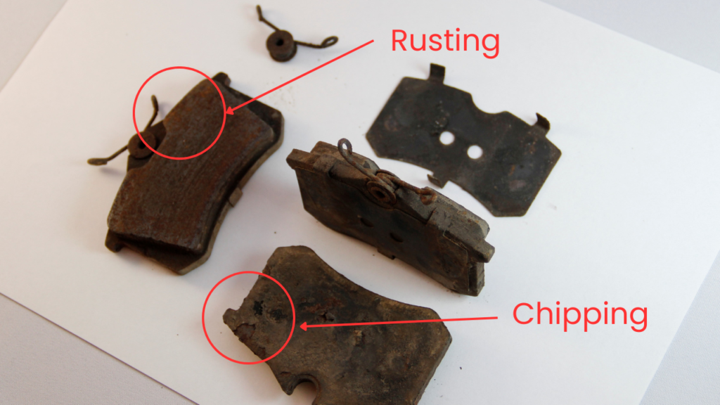 Sign of break pads wearing out, rustin brake pads and chipped brake pads