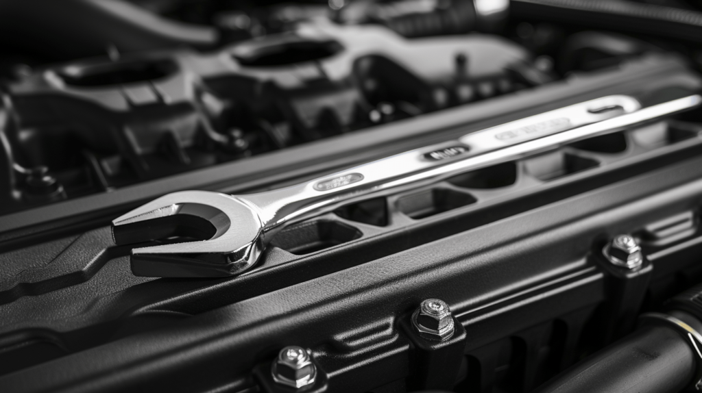 a silver wrench laid on top of an engine