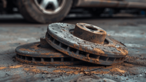 a set of old rusty brake pads on the floor.