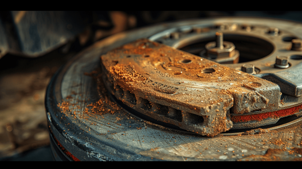 An old brake pad rusty on the floor
