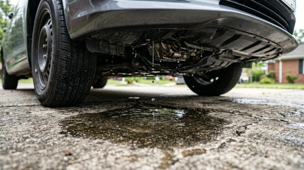 Water dripping from under a parked car onto a driveway