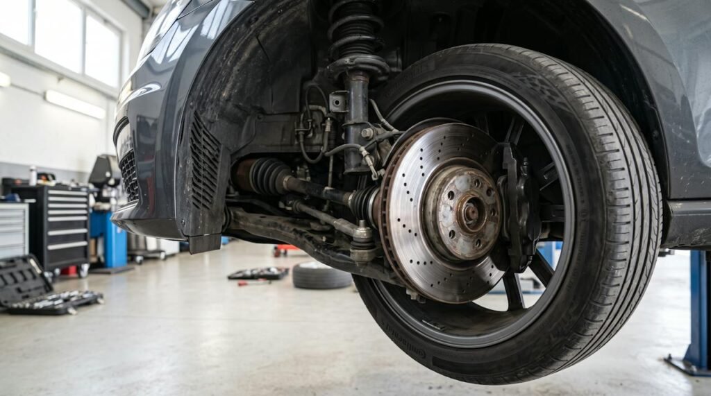 Car front wheel turned showing brake disc, suspension and CV axle
