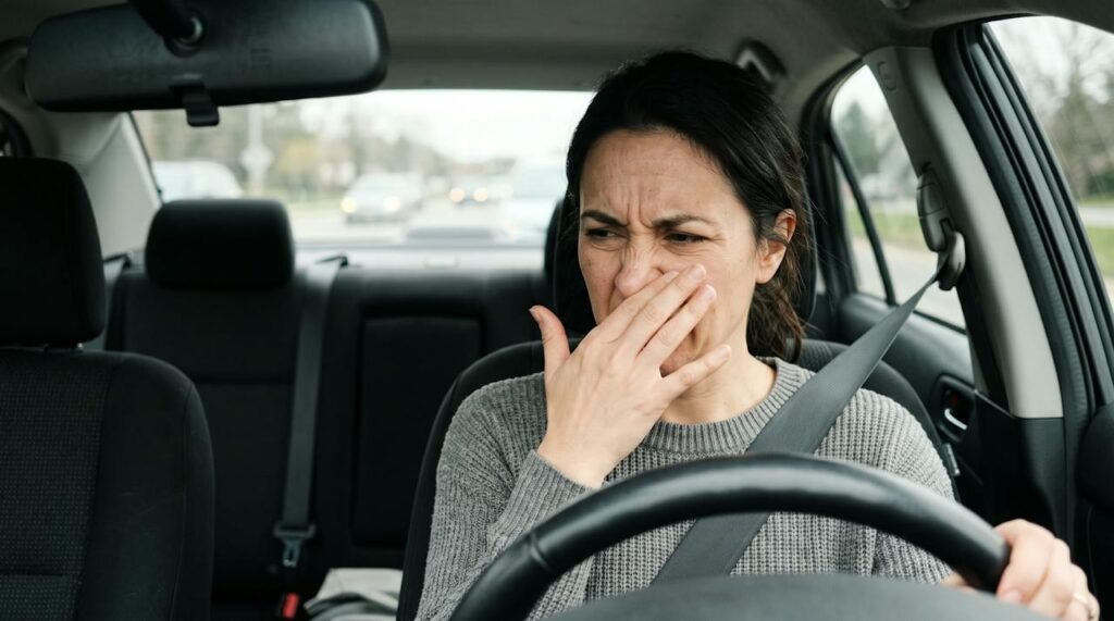 Driver covering her nose because of a bad smell inside the car