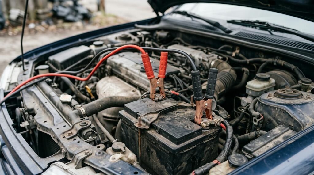Jumper cables connected to a car battery under an open hood