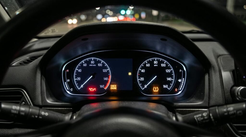 Car instrument cluster showing oil pressure, check engine and tire pressure warning lights