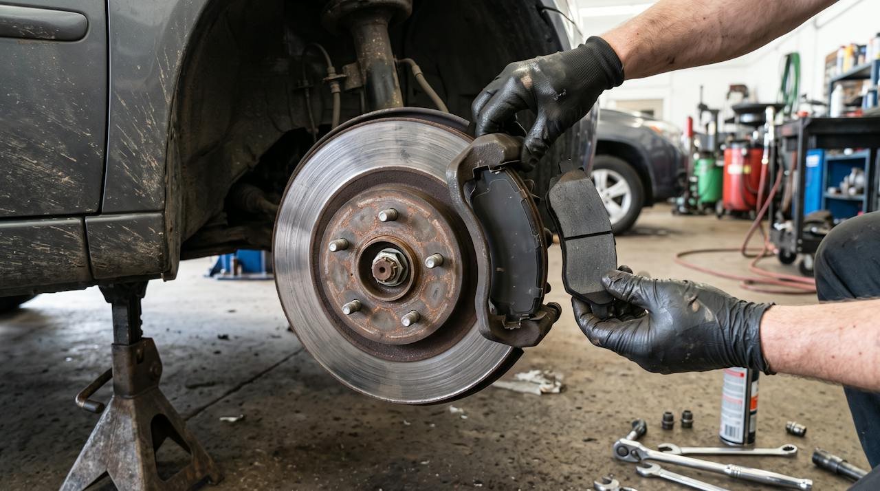 Mechanic holding a new brake pad next to a brake disc and caliper