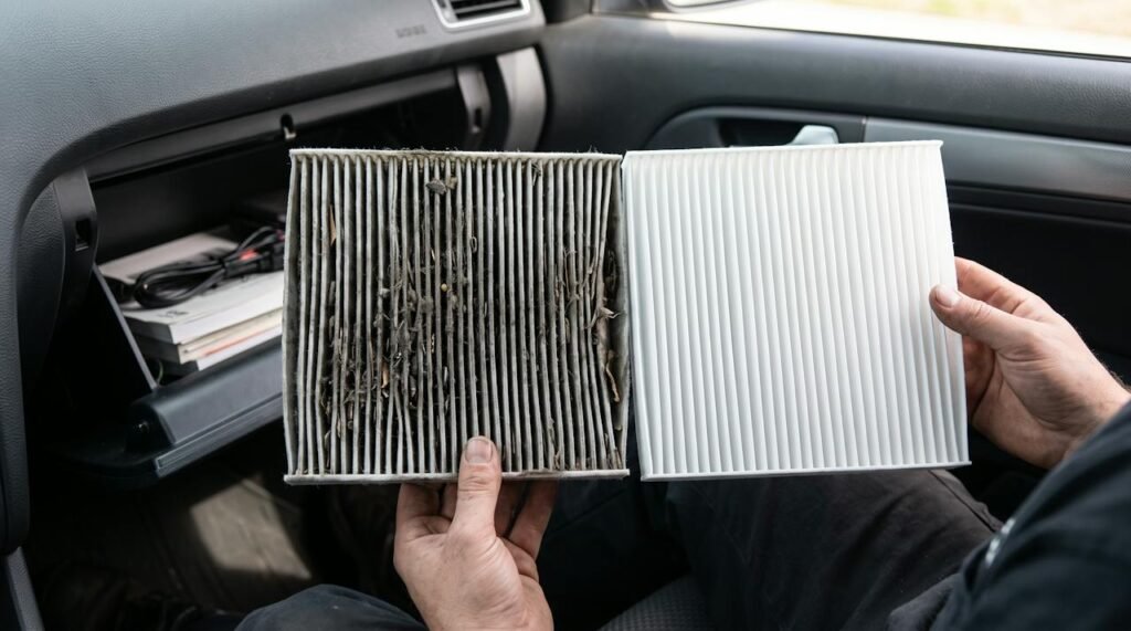 Dirty cabin air filter next to a new clean cabin air filter