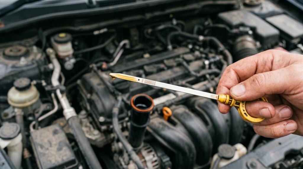 Checking engine oil level with the dipstick