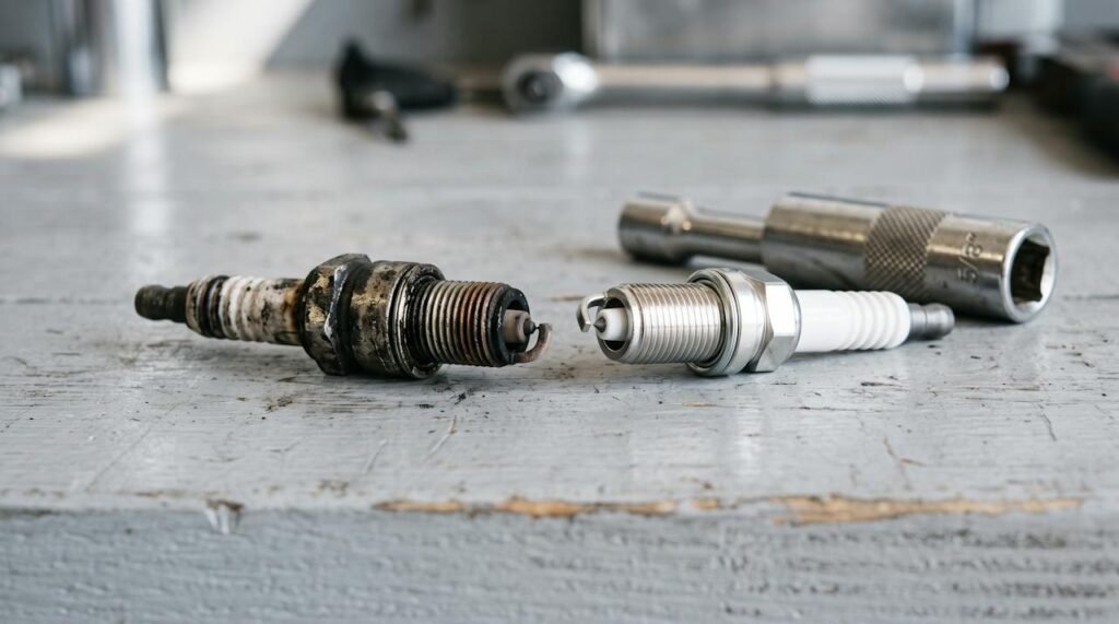 Worn spark plug next to a new spark plug and a spark plug socket
