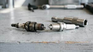 Worn spark plug next to a new spark plug and a spark plug socket