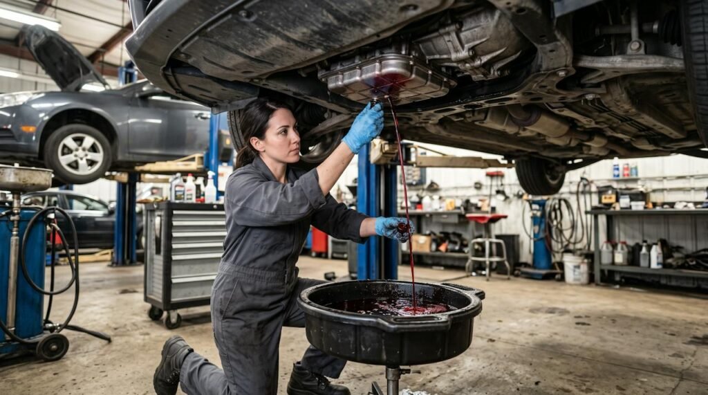 Mechanic draining red transmission fluid into a drain pan