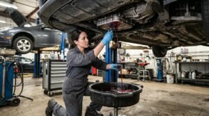 Mechanic draining red transmission fluid into a drain pan