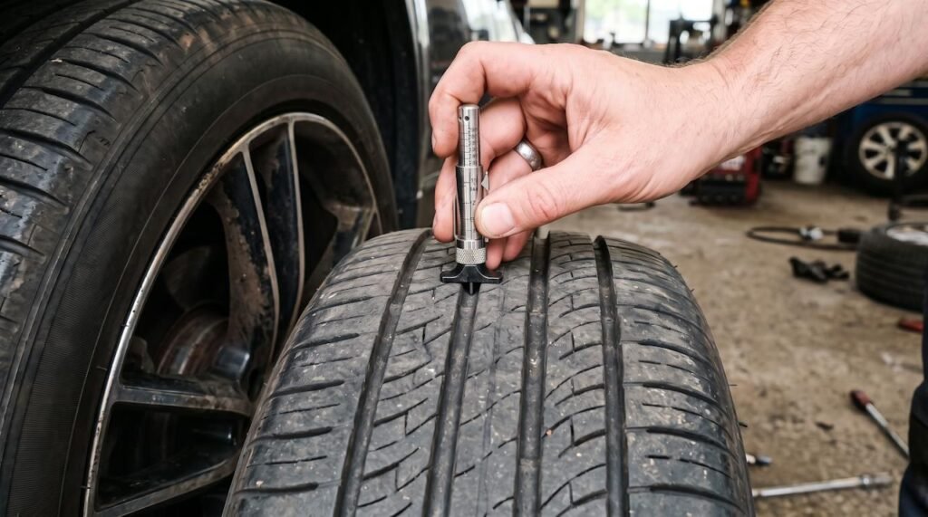 Measuring car tire tread depth with a tread depth gauge