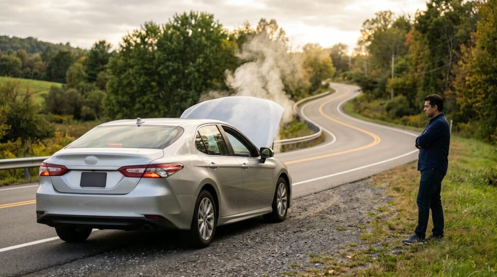 Car pulled over on the roadside with steam rising from the open hood