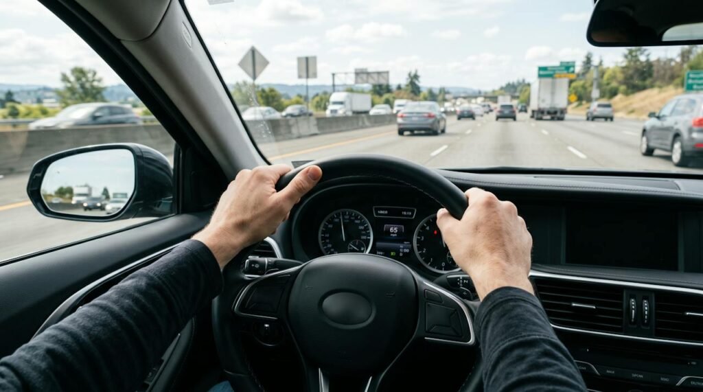 Driver holding the steering wheel while driving on a highway