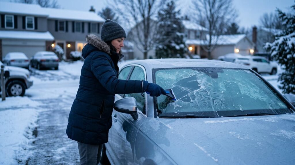 Driver scraping frost off a car windshield on a snowy winter morning